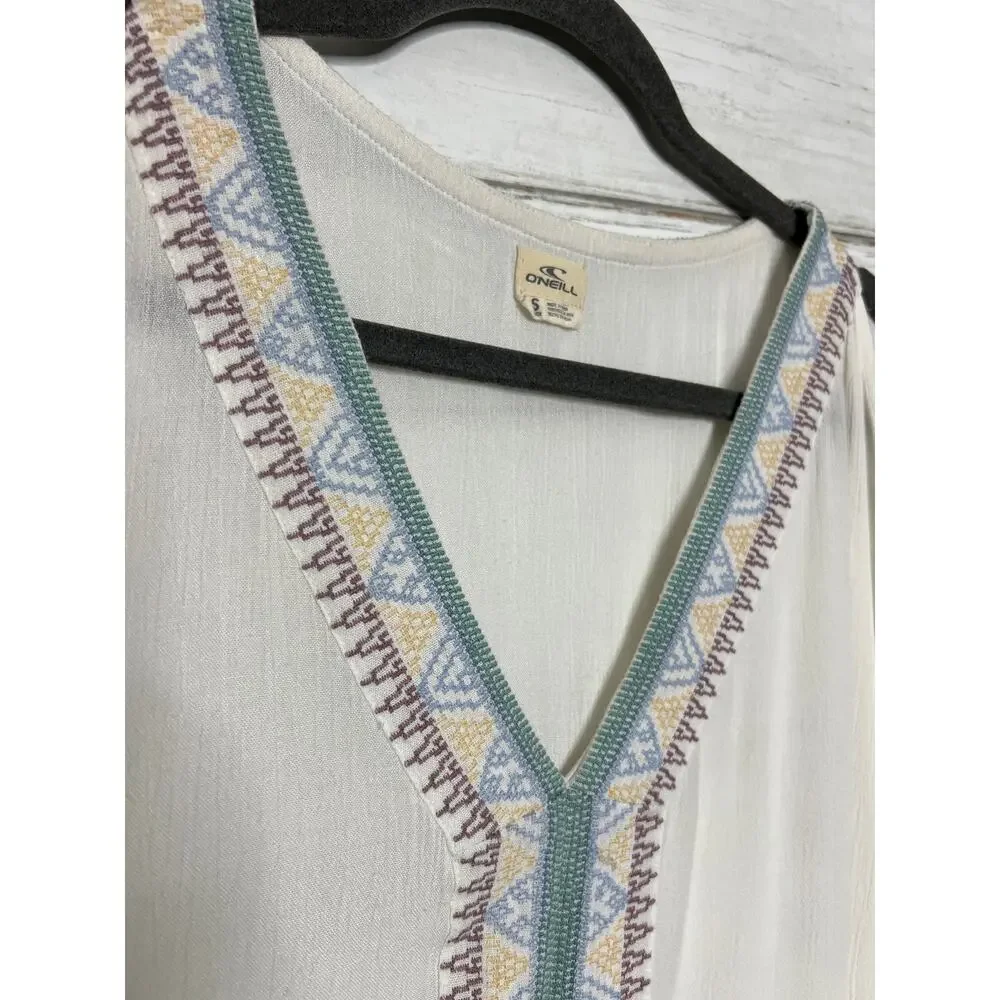 O’Neill Boho Tunic Top Small Ivory Embroidered V Neck Flowy Beach Cover Up